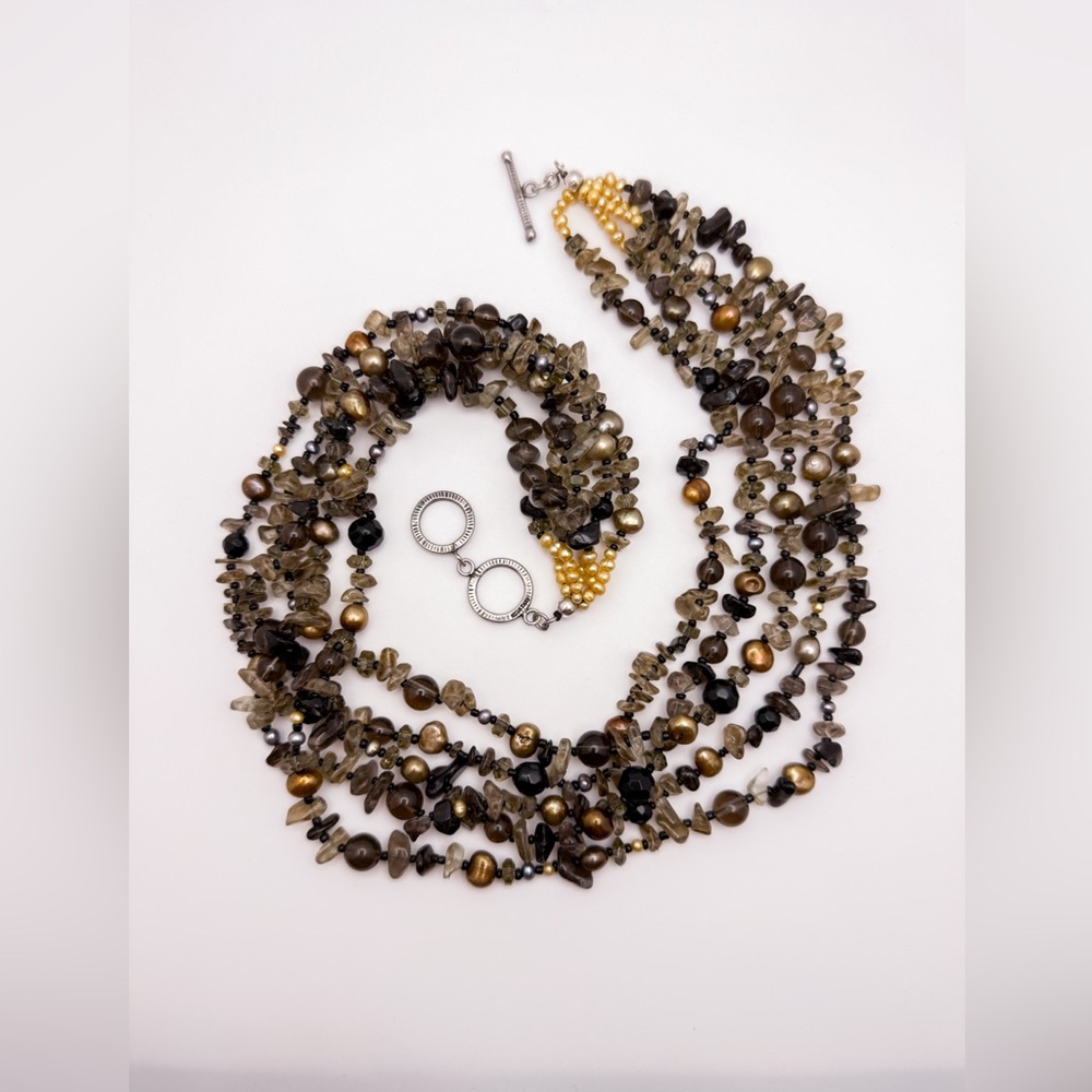Multi-strand Quartz and Freshwater Pearl Necklace with Sterling Silver Toggle - Picture 12 of 14